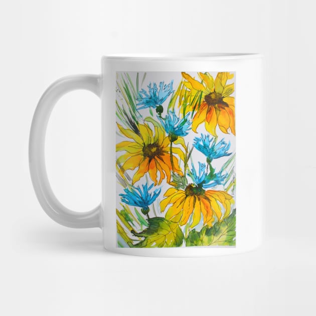 Cornflowers and Rudbeckia Watercolor Painting by SvitlanaProuty